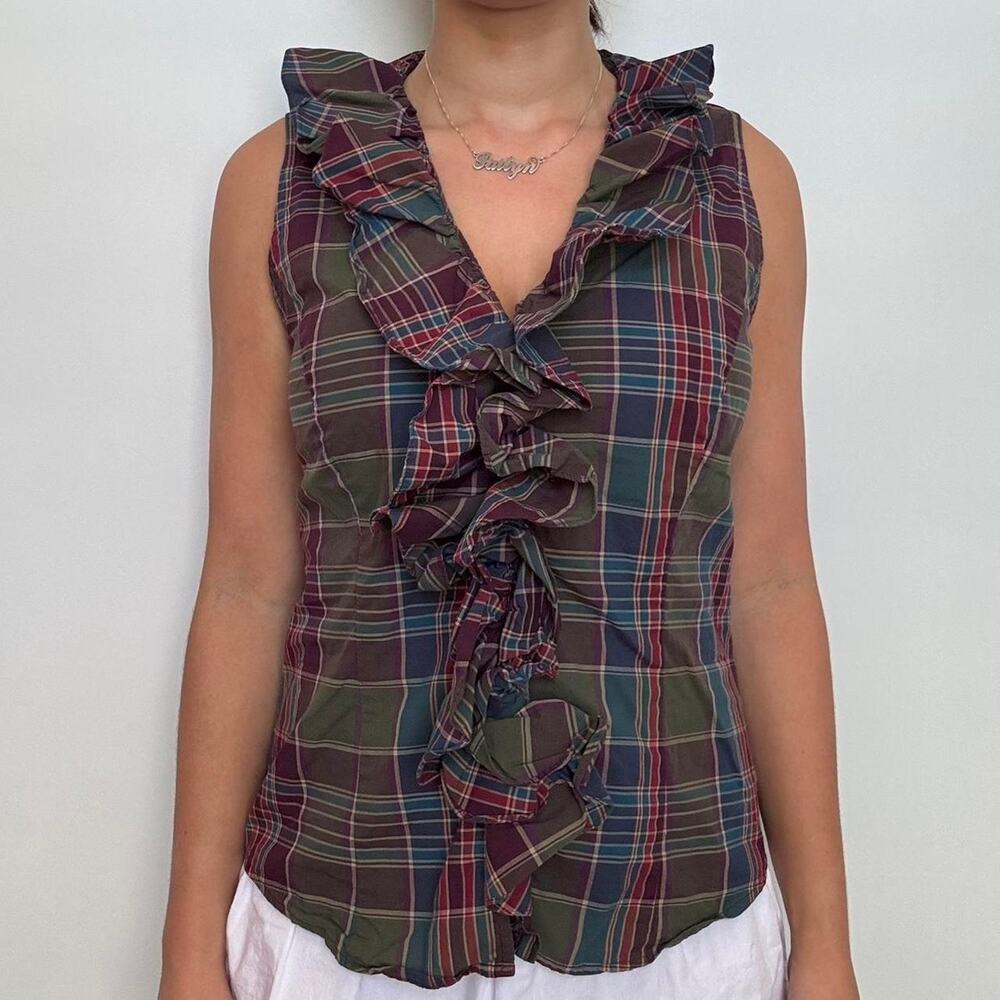 Chaps Denim Purple & Green Multi Plaid Sleeveless Blouse